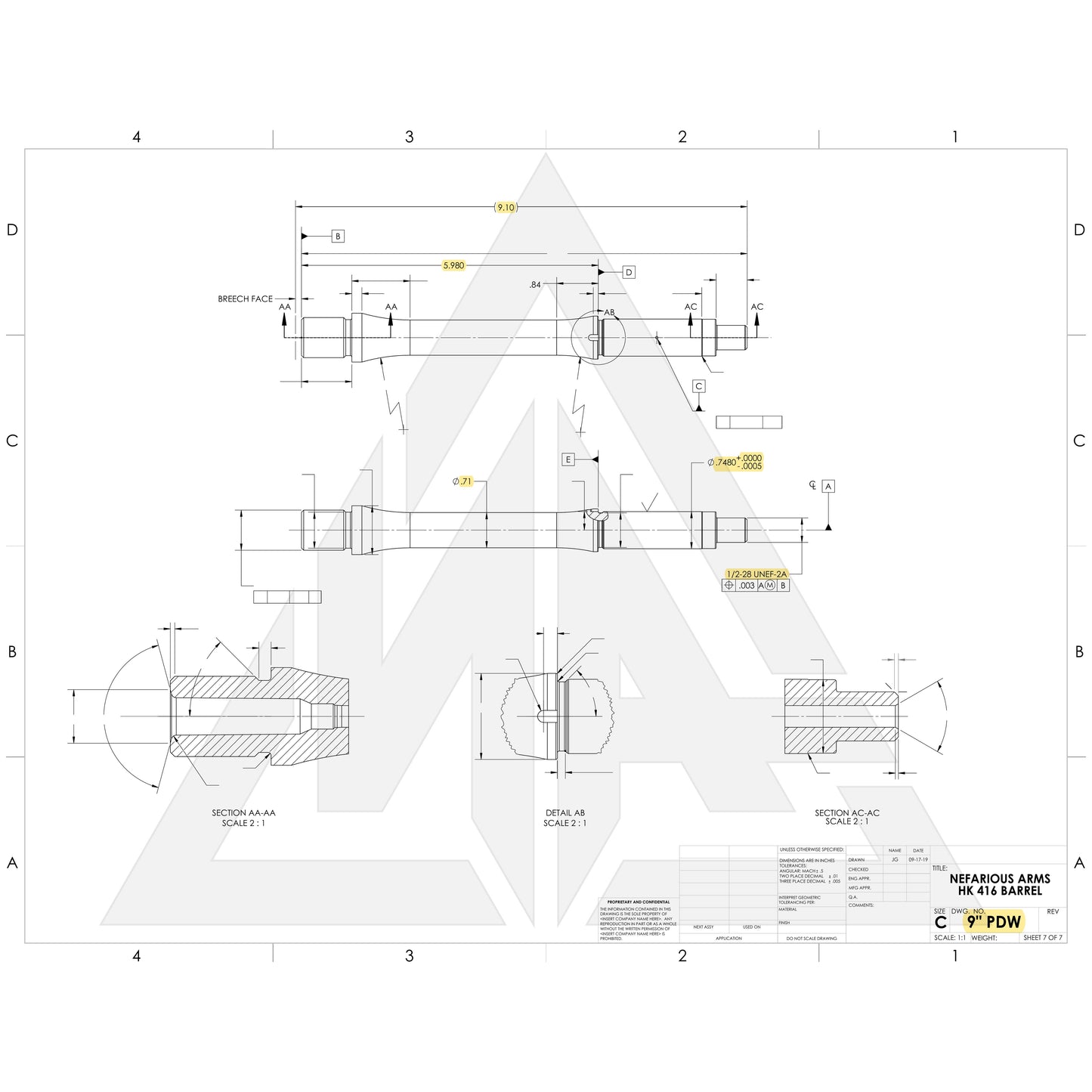 Nefarious Arms HK416 / MR556 Barrel, 9" PDW, 5.56x45mm NATO